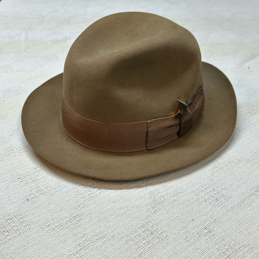 Stetson Royal Brown Fedora Feather Italian Hat Size 7 1/4